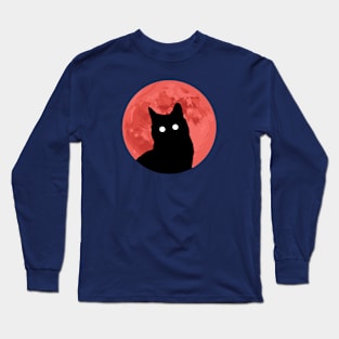 Cat And Red Moon Long Sleeve T-Shirt